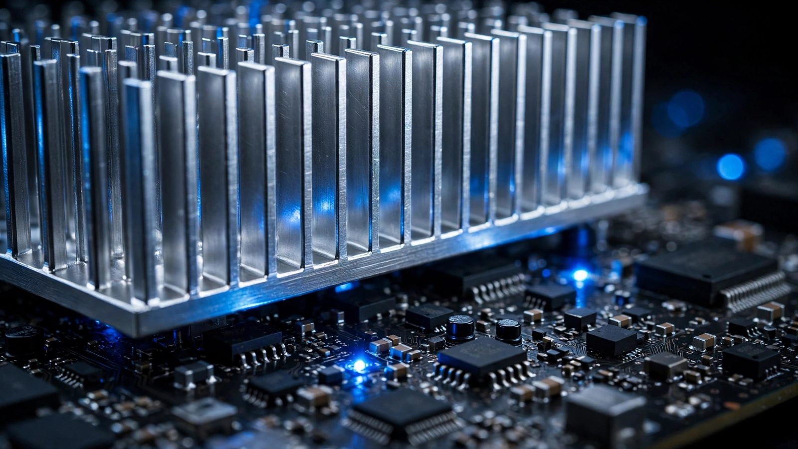 Macro photograph of a GPU heatsink on a circuit board