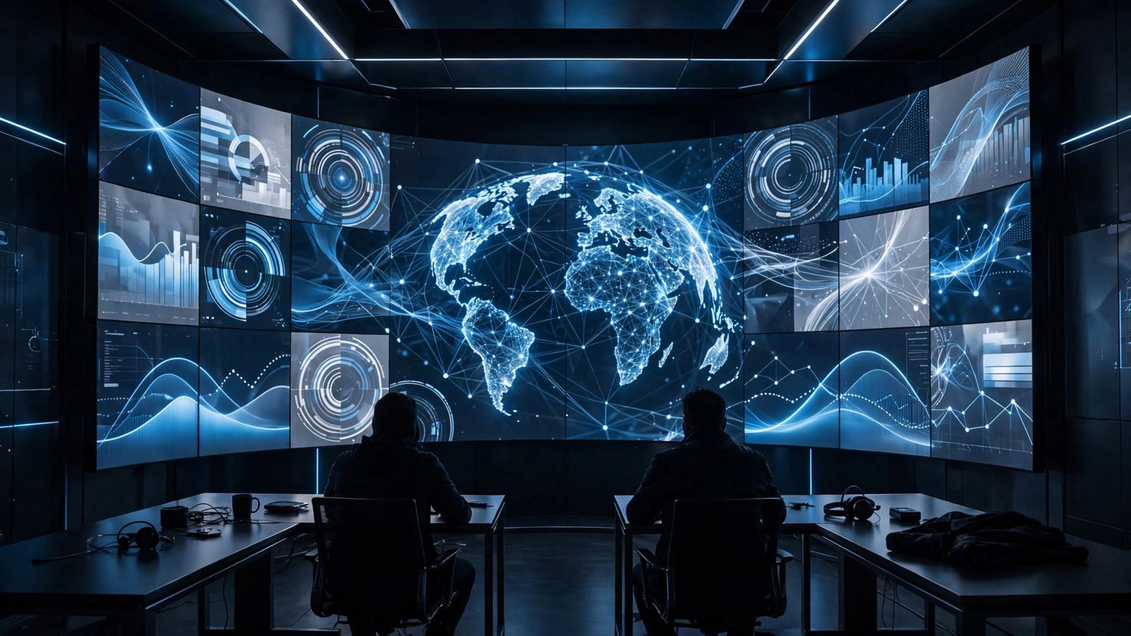 Operations room with a wall of monitoring screens